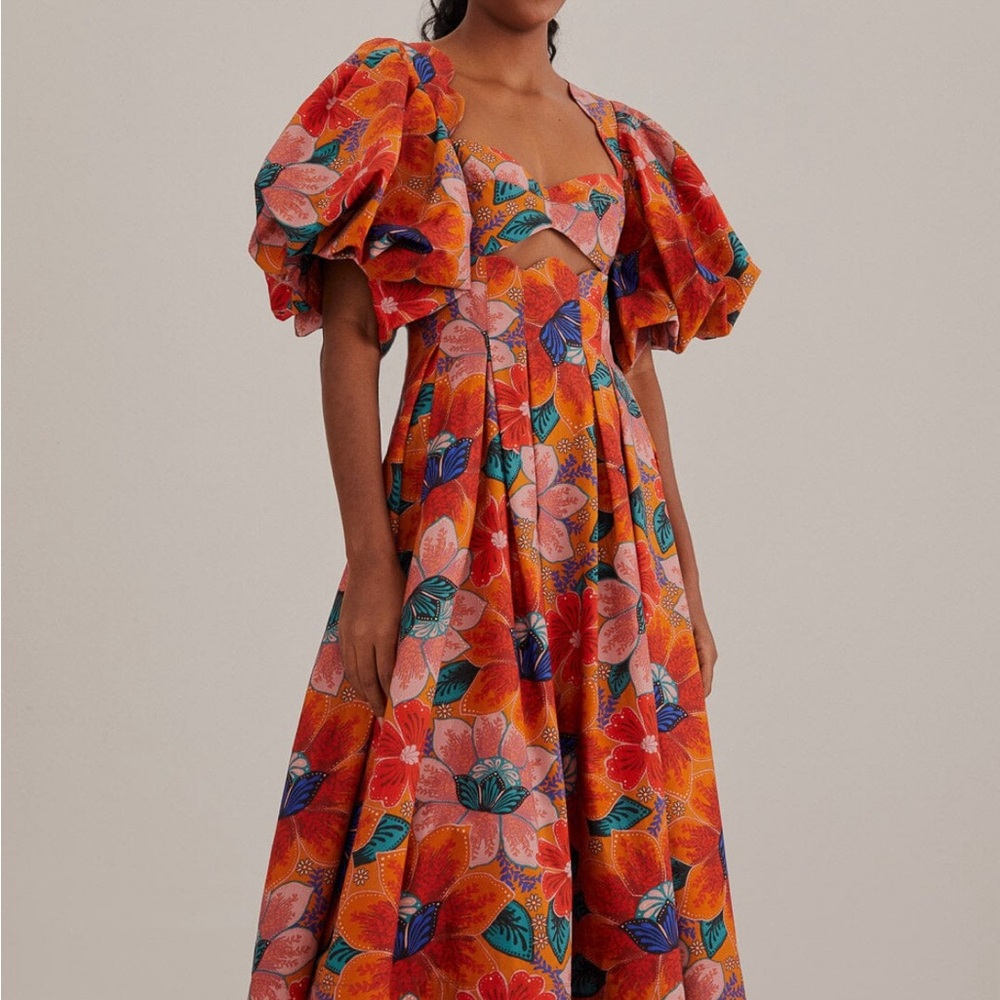 Farm Rio Orange Marias Floral Cut-Out Midi Dress